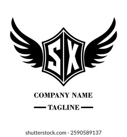 SX bold shield logo with wings, customizable with letters A to Z. Perfect for brands seeking a powerful symbol of strength, freedom, and ambition