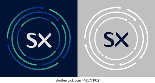 SX design template elements in abstract background logo, design identity in circle, letters business logo icon, blue/green alphabet letters, simplicity graphics