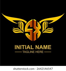 SX Golden Wing Emblem Logo with elegant gold wings, sleek and modern design. Ideal for branding, creative projects, luxury businesses, or artistic ventures.