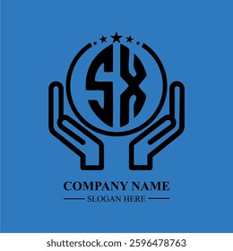 SX initials held within hands, symbolizing trust and protection. The circle represents unity, while stars highlight excellence and ambition.