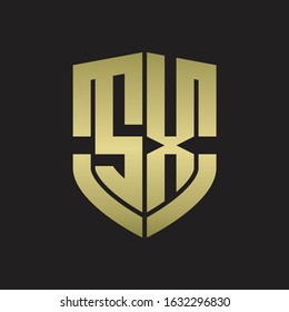 SX Logo monogram with emblem shield shape design isolated gold colors on black background