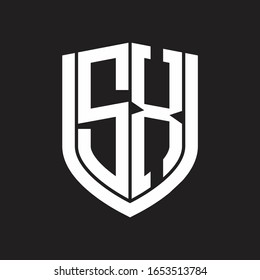 Monograma del logotipo SX con diseño de escudo de emblemas aislado en fondo negro