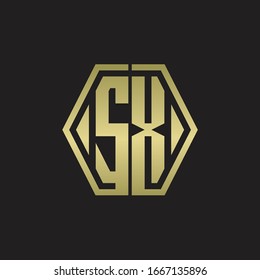 SX Logo monogram with hexagon line rounded design template with gold colors
