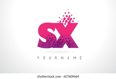 SX S X Letter Logo with Pink Letters and Purple Color Particles Dots Design.