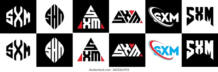 SXM letter logo design in six style. SXM polygon, circle, triangle, hexagon, flat and simple style with black and white color variation letter logo set in one artboard. SXM minimalist and classic logo