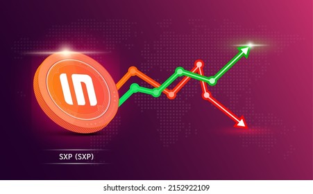 SXP coin orange. Cryptocurrency token symbol with stock market investment trading graph green and red. Coin icon on dark  background. Economic trends business concept. 3D Vector illustration.
