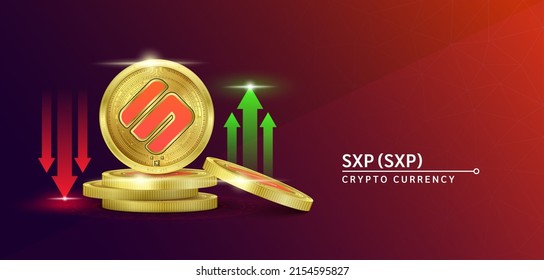 SXP token cryptocurrency banner. Future currency on blockchain stock market with red-green arrows up and down. Gold coins crypto currencies. Banner for news on a red background. 3D Vector.