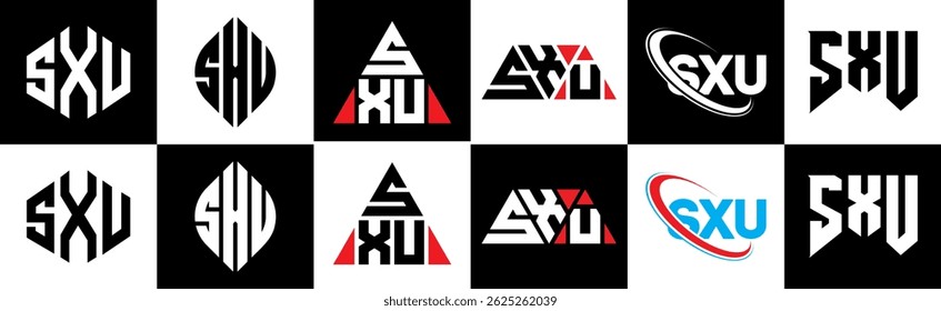 SXU letter logo design in six style. SXU polygon, circle, triangle, hexagon, flat and simple style with black and white color variation letter logo set in one artboard. SXU minimalist and classic logo