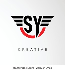 Logotipo de la letra de las alas creativas de SY con el escudo moderno - símbolo potente del negocio y de la marca	
