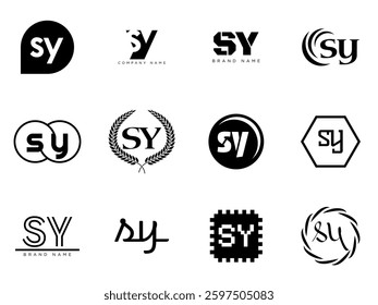 SY logo company template. Letter s and y logotype. Set different classic serif lettering and modern bold text with design elements. Initial font typography. Collection trendy business identity.