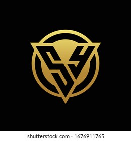 SY logo monogram with triangle shape and circle rounded style isolated on gold colors and black background design template