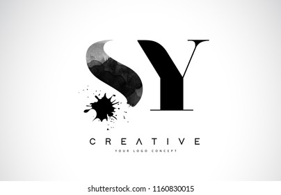 SY S Y Letter Logo Design with Black Ink Watercolor Splash Spill Vector Illustration.