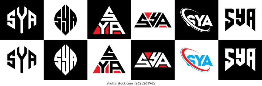 SYA letter logo design in six style. SYA polygon, circle, triangle, hexagon, flat and simple style with black and white color variation letter logo set in one artboard. SYA minimalist and classic logo