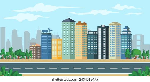 Sycrapers buildings with cityscape scenery background. cityscape with road on flat style background