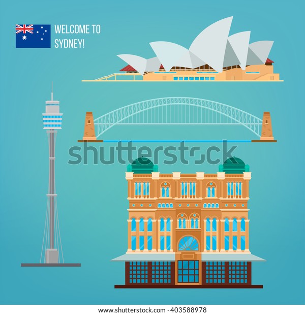 Sydney Architecture Buildings. Tourism\
Australia. Opera House. Vector\
illustration