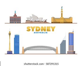 Sydney Australia city landmark architecture vector illustration, skyscraper, flat design. Tourism banner design template with Sydney Australia.