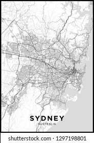 Sydney (Australia) city map. Black and white poster with map of Sydney. Scheme of streets and roads of Sydney.