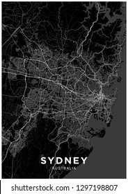 Sydney (Australia) city map. Black and white poster with map of Sydney. Scheme of streets and roads of Sydney.