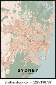 Sydney (Australia) city map. Poster with map of Sydney in color. Scheme of streets and roads of Sydney.