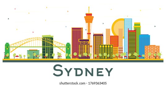 Sydney Australia City Skyline with Color Buildings Isolated on White. Vector Illustration. Business Travel and Tourism Concept with Historic Architecture. Sydney Cityscape with Landmarks.