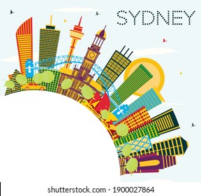 Sydney Australia City Skyline with Color Buildings, Blue Sky and Copy Space. Vector Illustration. Business Travel and Tourism Concept with Modern Architecture. Sydney Cityscape with Landmarks.