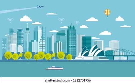 Sydney (Australia) city skyline with major architecture landmarks. Flat vector illustration.