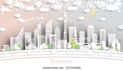 Sydney Australia City Skyline in Paper Cut Style with Snowflakes, Moon and Neon Garland. Vector Illustration. Christmas and New Year Concept. Santa Claus on Sleigh. 