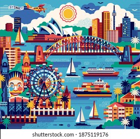 Sydney, Australia - December 2020: Sydney Opera House, Harbor Bridge, Landmark Of The City. Sydney Travel Poster. Flat Vector Illustration.