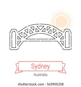 Sydney (Australia) flat style thin line icon with an inscription on a ribbon banner with the sun in the background. Sydney logo, landmark, vector symbol. Sydney Harbour Bridge pictogram.