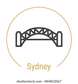 Sydney (Australia) outline icon with caption. Sydney City logo, landmark, vector symbol. Sydney Harbour Bridge. Illustration of Sydney isolated on white background.