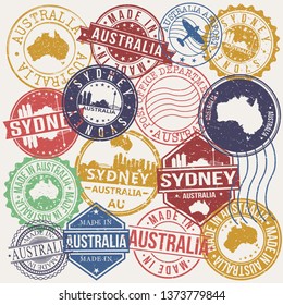 Sydney Australia Set of Stamps. Travel Stamp. Made In Product. Design Seals Old Style Insignia.