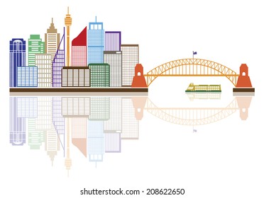 Sydney Australia Skyline Landmarks Harbor Bridge Color with Reflection Isolated on White Background Vector Illustration