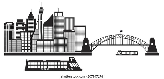 Sydney Australia Skyline Landmarks Harbour Bridge Black Isolated On White Background Vector Illustration