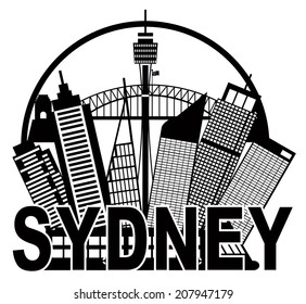 Sydney Australia Skyline Landmarks Harbour Bridge Black in Circle Isolated on White Background Vector Illustration