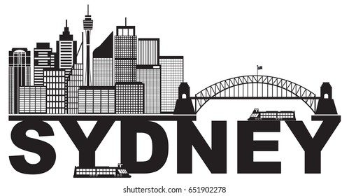 Sydney Australia Skyline Landmarks Harbour Bridge Black Abstract Isolated On White Background Vector Illustration