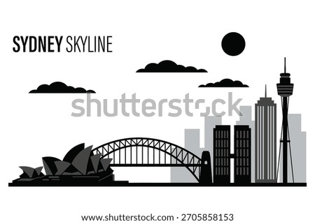 Sydney Australia skyline vector illustration. Black and white city silhouette with Opera House and Harbour Bridge. Flat design travel background for banner or tourism.