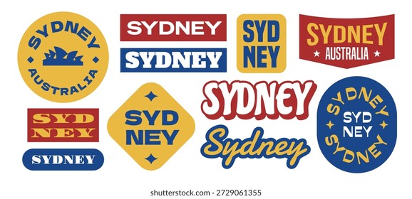 Sydney Australia tipografía pegatinas, parches, insignias y logotipos colección. 