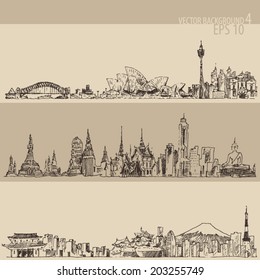 Sydney, Bangkok, Tokyo, big city architecture, vintage engraved illustration, hand drawn, sketch