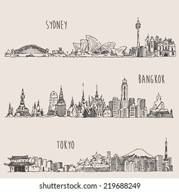 Sydney, Bangkok, Tokyo, big city architecture, vintage engraved illustration, hand drawn, sketch