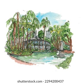 Sydney Botanic Garden, lake, glass house, palm trees, Australia. Watercolour sketch illustration. Isolated vector.