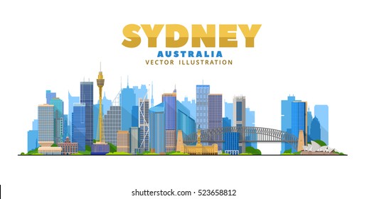 Sydney city architecture vector illustration, skyline city silhouette, skyscraper, flat design. Tourism banner design template with Sydney Australia.