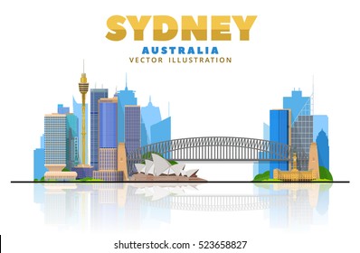 Ilustración vectorial de la arquitectura de la ciudad de Sídney, silueta de la ciudad de horizonte, rascacielos, diseño plano. Plantilla de diseño de pancartas de turismo con Sydney Australia.