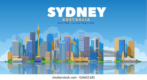 Sydney city architecture vector illustration, skyline city silhouette, skyscraper, flat design. Tourism banner design template with Sydney Australia.