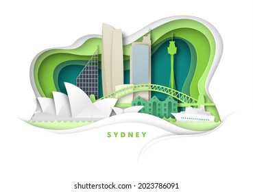 Sydney city, Australia, vector illustration in paper art style. Sydney Harbour Bridge, world famous landmarks and tourist attractions. Global travel.