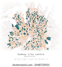 Sydney city centre, Australia, Urban detail Streets Roads color Map  ,vector element template image for marketing ,product ,wall art and poster prints.