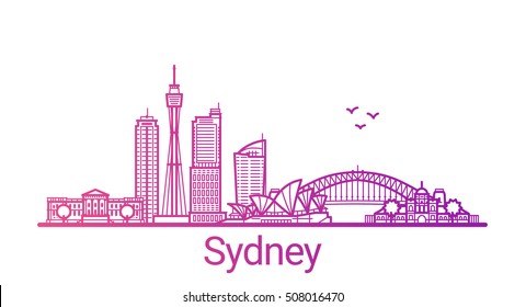 Línea de degradado de color ciudad de Sídney. Todos los edificios de Sydney - objetos personalizables con máscara de opacidad, para que pueda cambiar la composición y el relleno de fondo. Arte de línea.