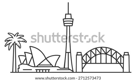 Sydney city landmark icon set with opera house, harbour bridge and observation tower in clean line and solid styles on transparent background