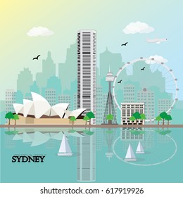 Sydney City Skyline Famous Landmarks Flat Stock Vector (Royalty Free ...