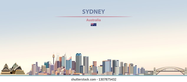 Sydney city skyline on colorful gradient beautiful daytime sky background with flag of Australia. Vector illustration