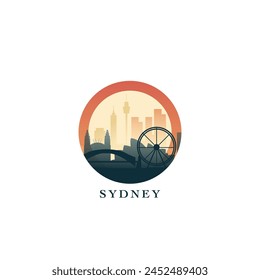 Stadtbild von Sydney, Gradienten-Vektorgrafik-Abzeichen, flaches Skyline-Logo, Ikone. Australien Stadt rund Emblem Idee mit Wahrzeichen und Bausilhouetten. Isolierte Grafik